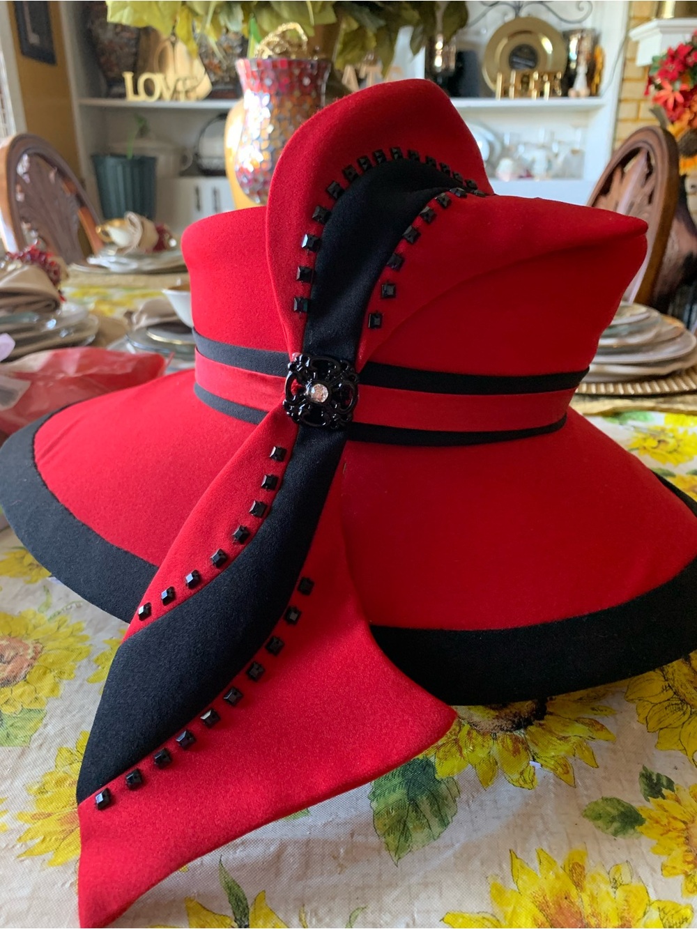 Women's Red and Black Wide-Brim Felt Hat with Decorative Bow